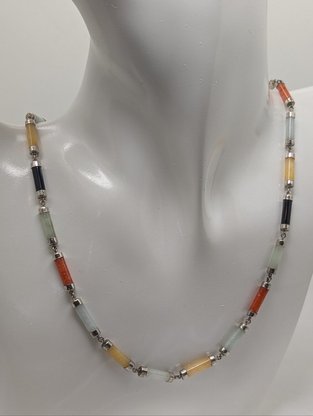 Vintage Multi-Colored Jadeite Sterling Silver Barrel Link Necklace 19"